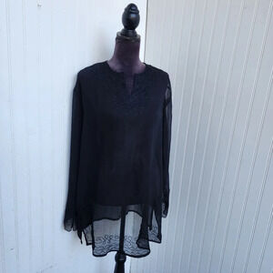 I.G. Sport Black Airy Sheer Polyester Gauze Tunic Top Embroidery Blouse India XL